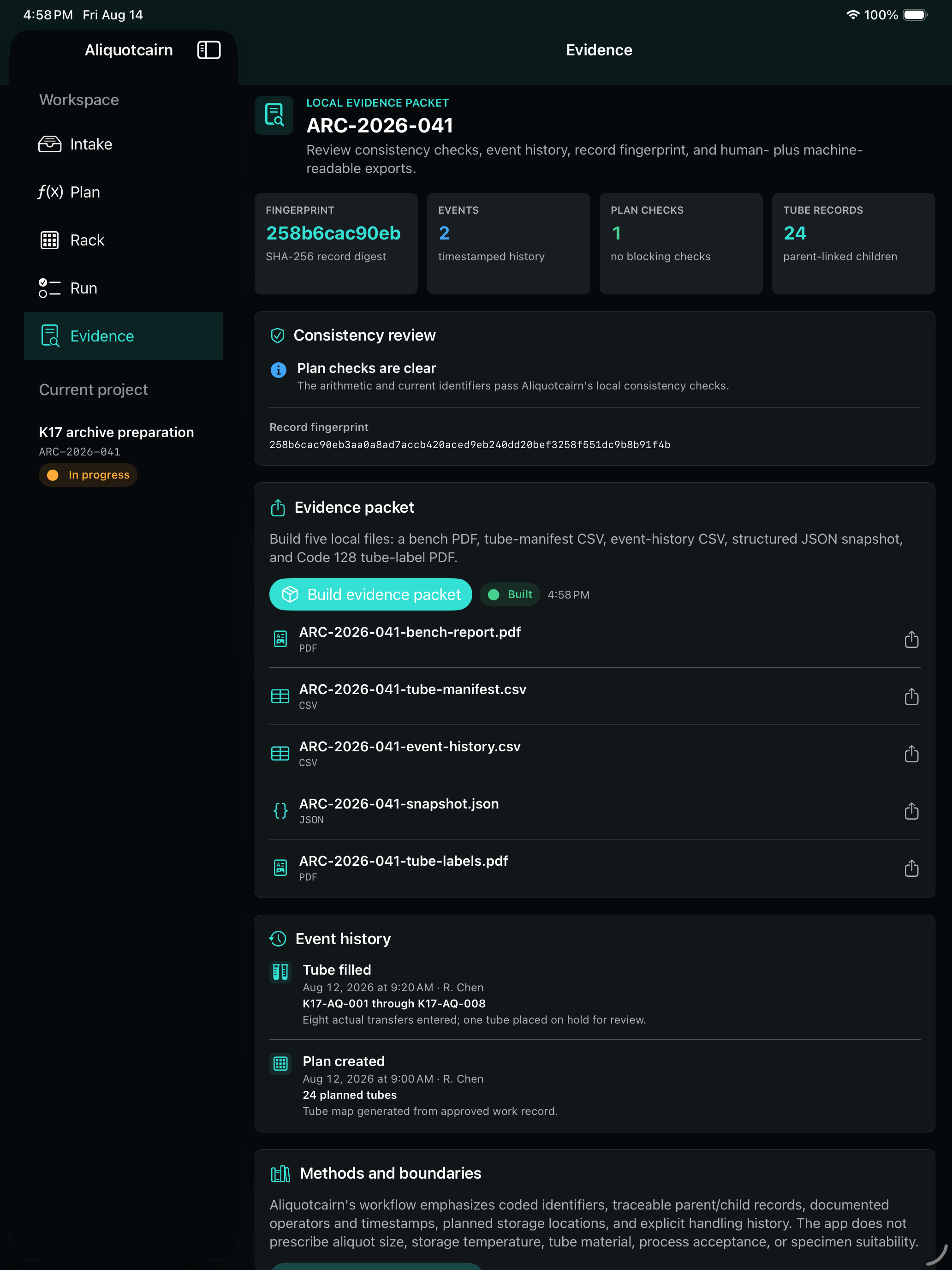 Aliquotcairn evidence screen listing a PDF report, CSV manifests, JSON snapshot, and tube-label PDF