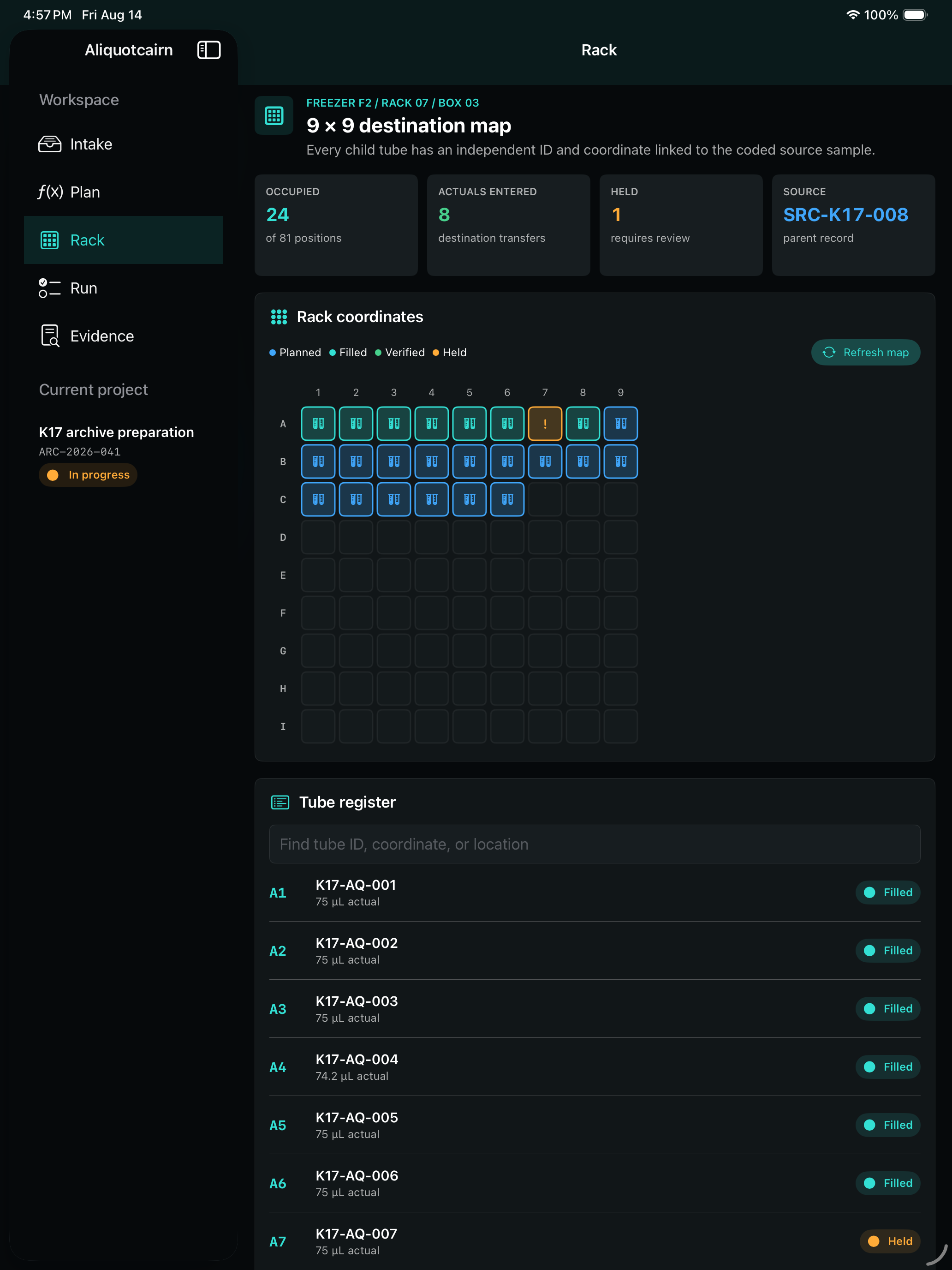 Aliquotcairn rack map showing coded tubes by coordinate and transfer status