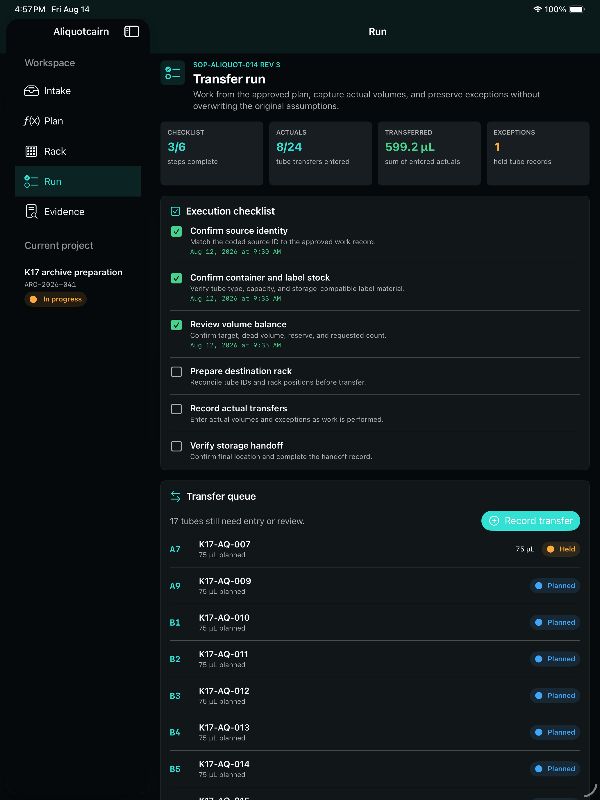Aliquotcairn transfer run showing checklist, actual entries, and held exceptions